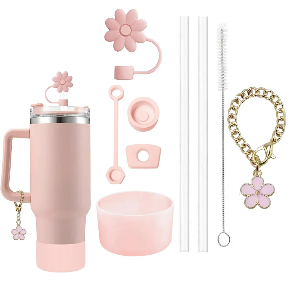 9pcs Accessories Set 3 Spill Proof Stopper Flowers Straw Cover Boot 2 Straw and Brush and 1 Flower Charm Chain for Stanley Cup Shop1103950439 Store