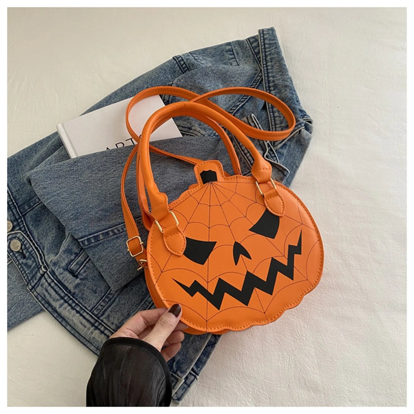 Trendy Cartoon Pumpkin Crossbody Bag Large Capacity Casual Halloween Fashionable Single Shoulder Bag with Zipper Polyester Fiber