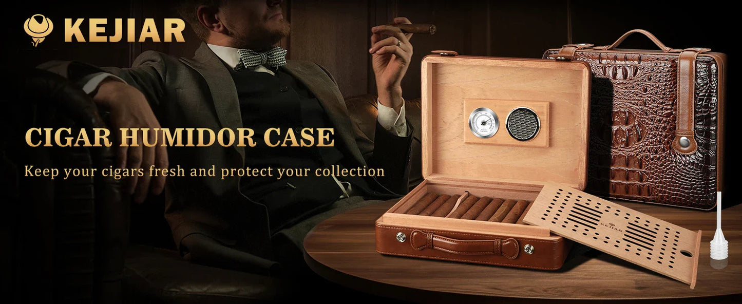 Cigar Humidor Case with Hygrometer, Humidor Box, Humidifier, Divider, Travel Cigar Case,Cedar Wood, Hold up to 50 Cigars