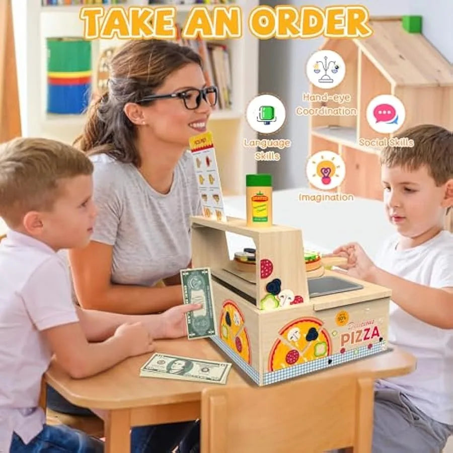 Wooden Pizza Toy - 48 PCS Montessori Pretend Play Food for Ages 3+ Educational Learning Toy Wooden Playset with Bake Oven Chris