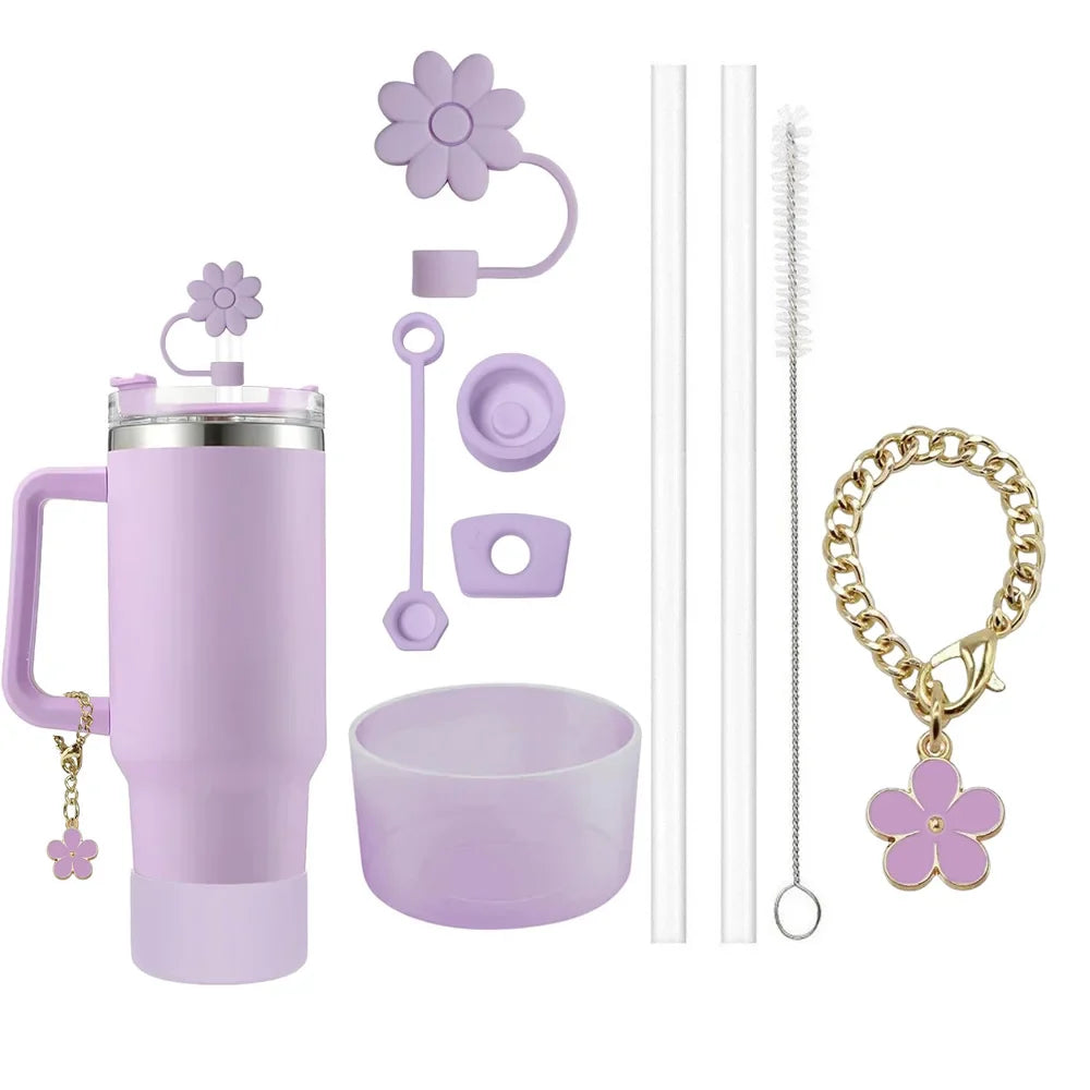 9pcs Accessories Set 3 Spill Proof Stopper Flowers Straw Cover Boot 2 Straw and Brush and 1 Flower Charm Chain for Stanley Cup Shop1103950439 Store