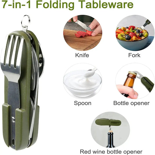 7 In 1 Camping Picnic Cutlery Knife Stainless Steel Fork Spoon Bottle