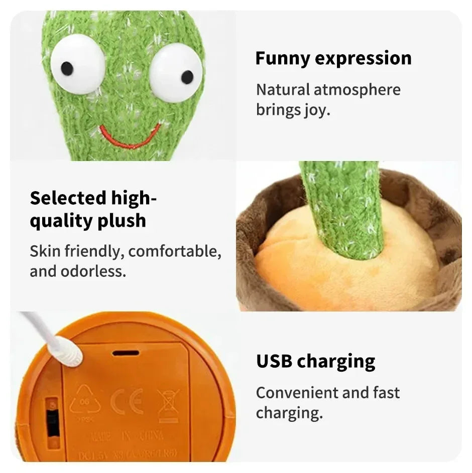 A talking cactus toy that can be charged, recorded, and repeated. Suitable for Spanish, English, and Arabic voice changer