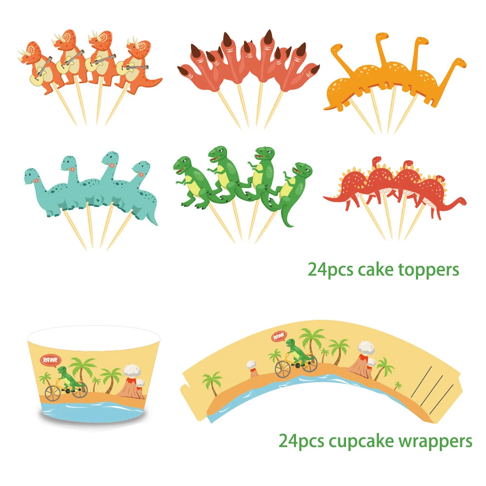 Kids Cartoon Dinosaur Birthday Party Cake Display Stand and Cake Toppers Baby Shower Party Cupcake Rack Holder Cake Supplies