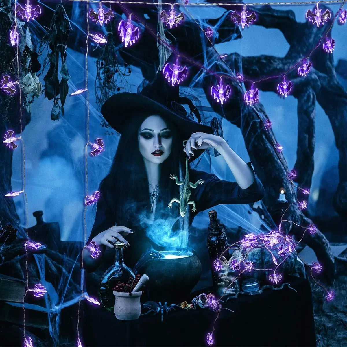 1PC 10/20/30 LED Purple Bat String Lights Battery Operated Outdoor Waterproof Hanging Decorative Lamp Suitable For Party Decor