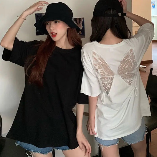 2025 Summer Perspective Lace Butterfly Hollow Out Tshirts Street Fashion Backless T Shirt Women Loose Sexy Club Tee Shirts Top