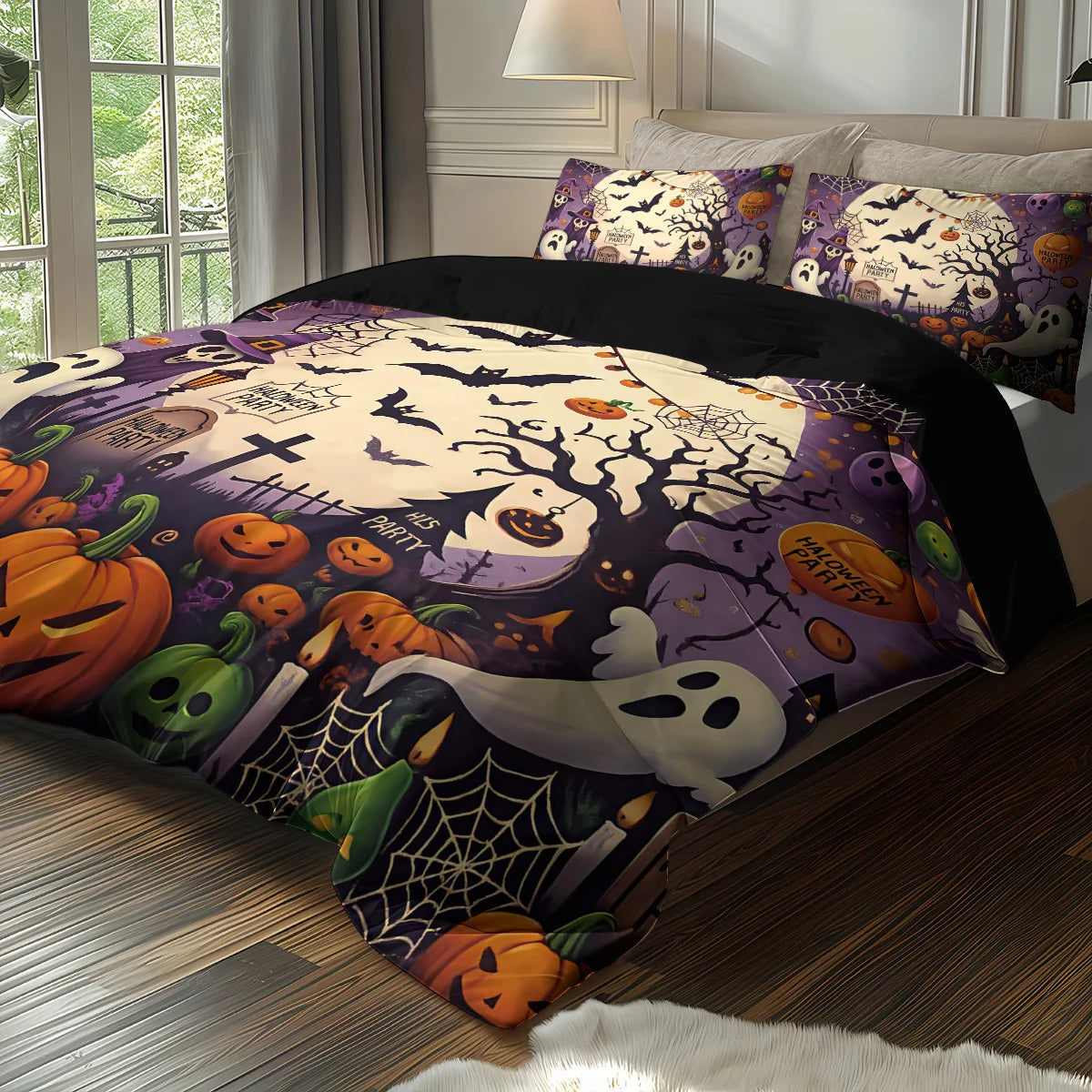 3-piece Halloween themed ghost, bat, and pumpkin patterned duvet cover set, 1 duvet cover+2 pillowcases, coreless