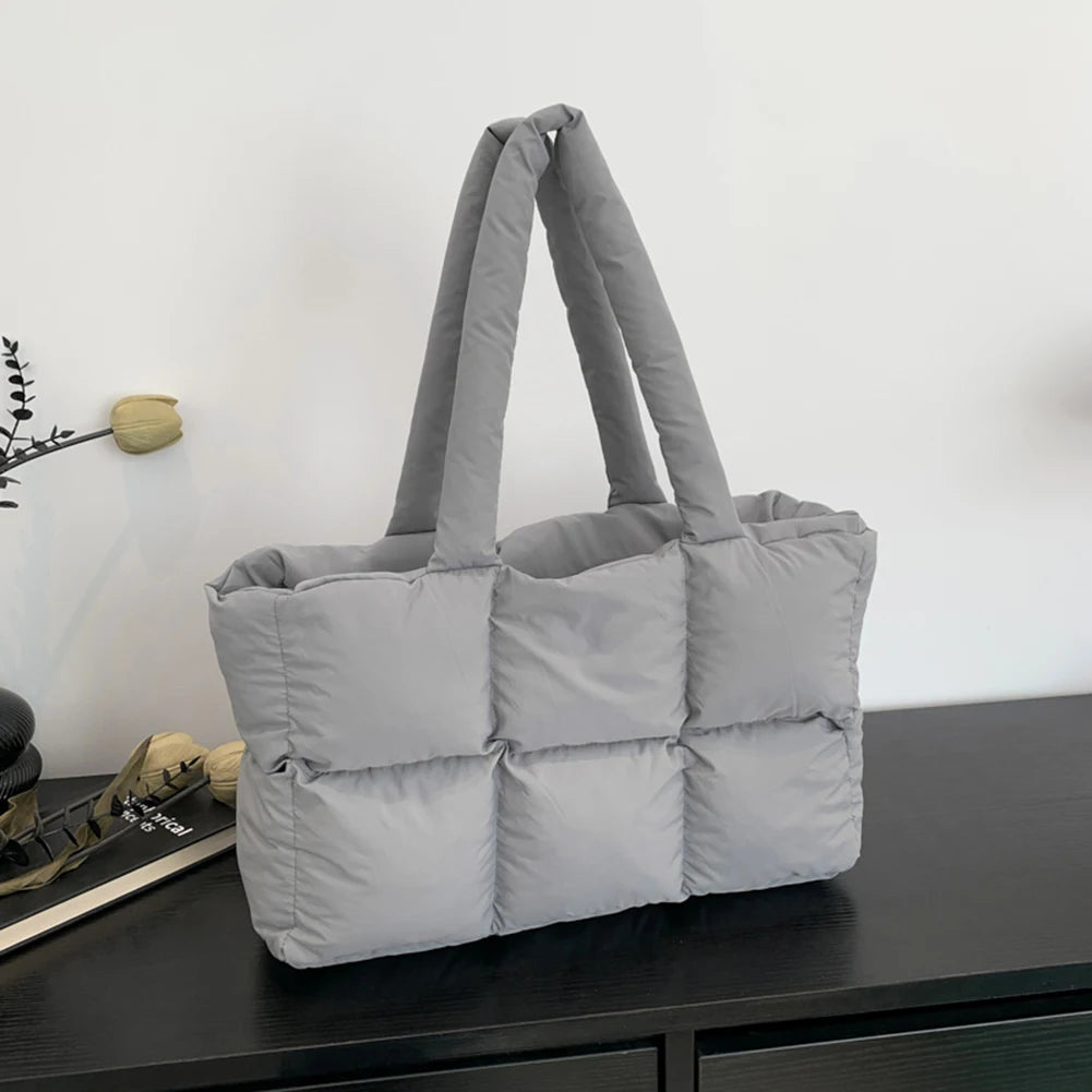Women Puffer Shoulder Bag Solid Color Quilted Fashion Shopping Bag Large Capacity Soft Cloud Tote Bag Trendy Commuting Bags