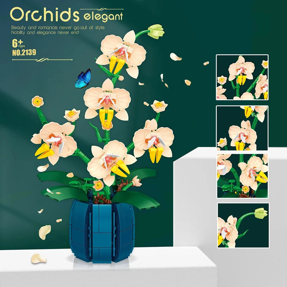 616PCS Orchid Building Blocks Flowers Bouquet Flower Blocks Bonsai