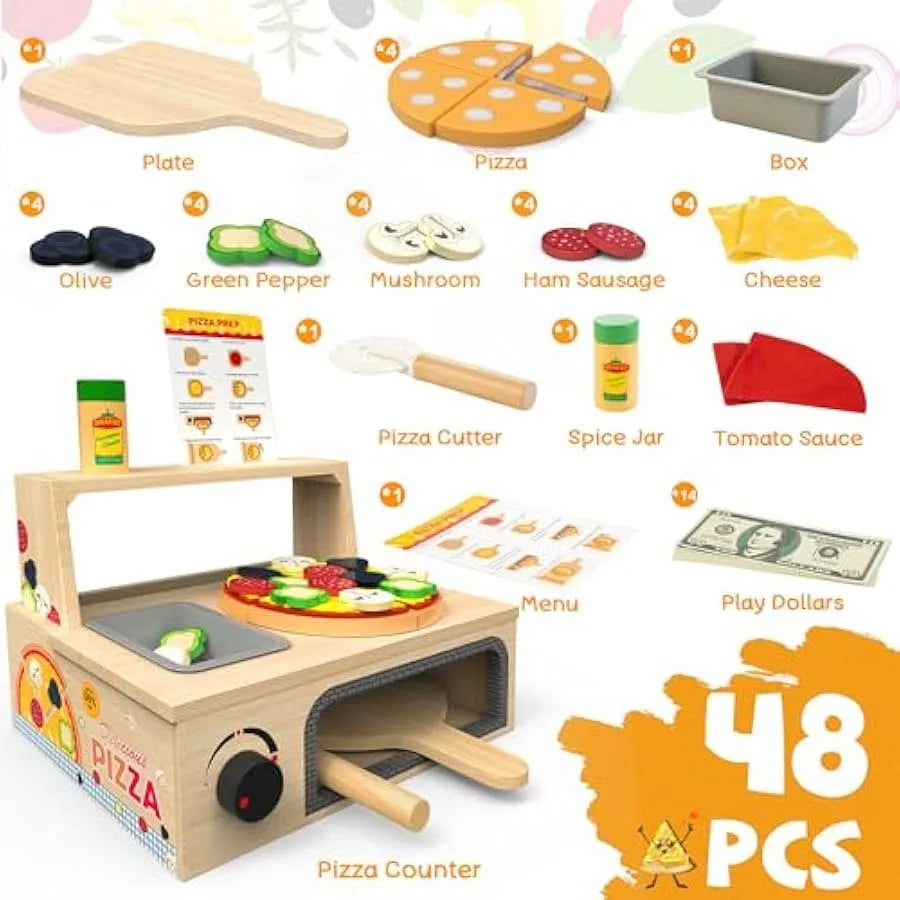 Wooden Pizza Toy - 48 PCS Montessori Pretend Play Food for Ages 3+ Educational Learning Toy Wooden Playset with Bake Oven Chris