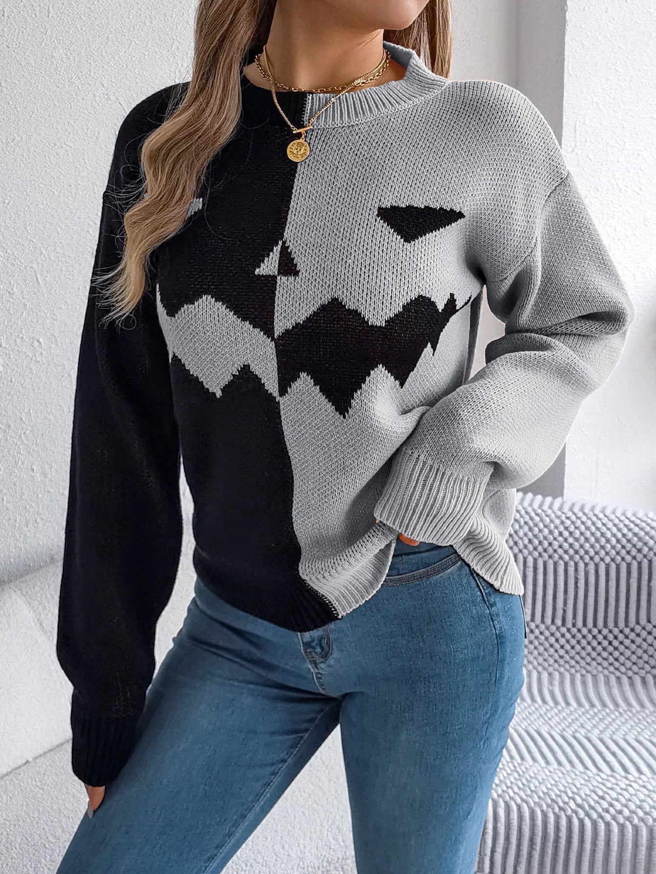 Halloween Asymmetric Color Block Sweater Jack O Lantern Face Pullover Crewneck Knit Top
