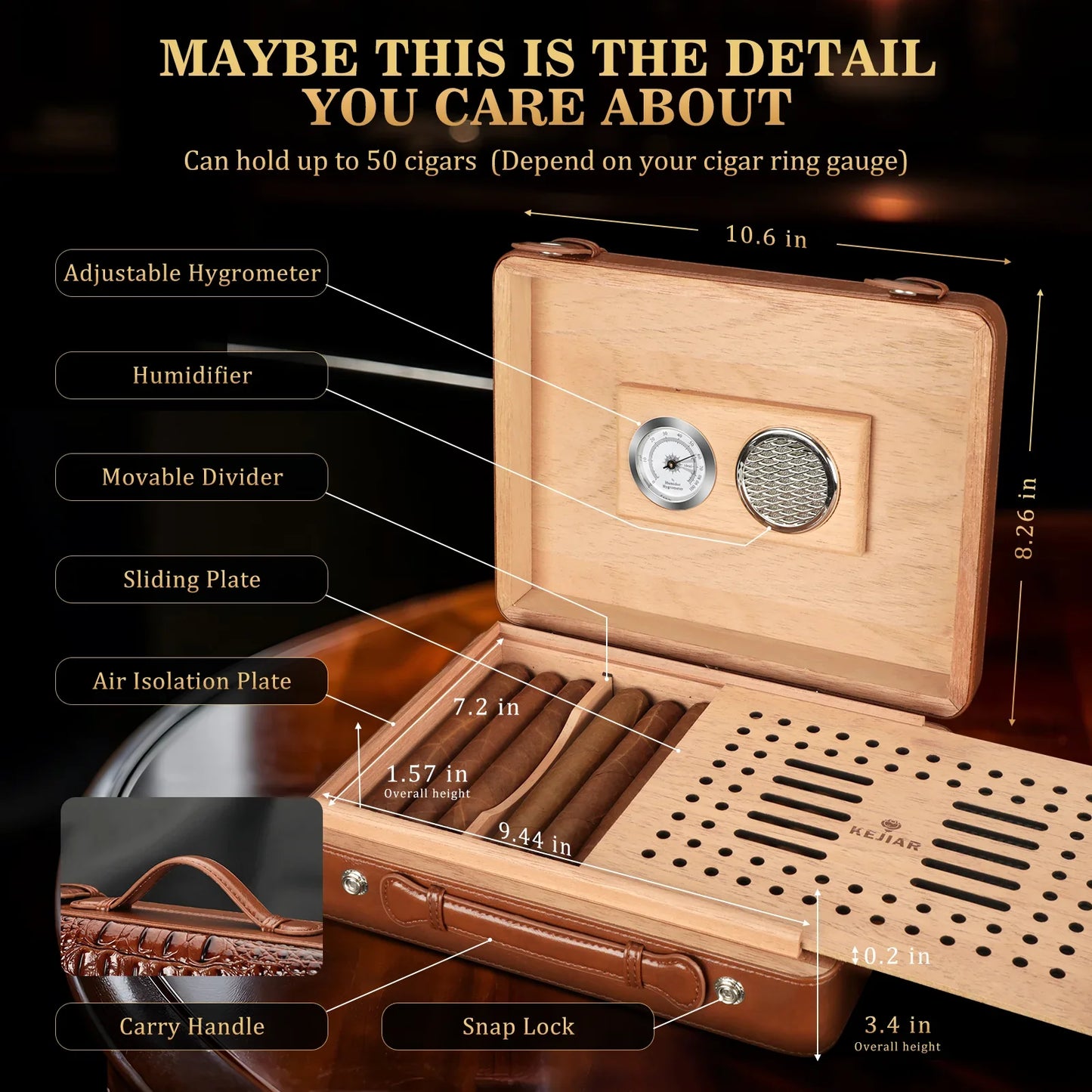 Cigar Humidor Case with Hygrometer, Humidor Box, Humidifier, Divider, Travel Cigar Case,Cedar Wood, Hold up to 50 Cigars