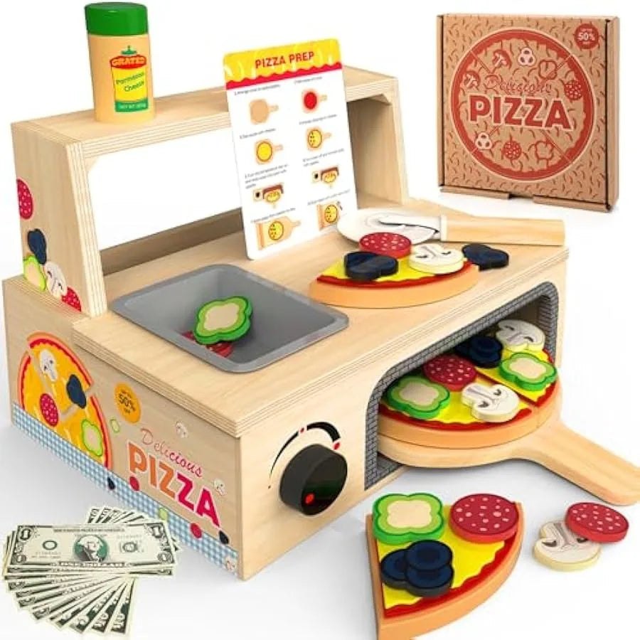 Wooden Pizza Toy - 48 PCS Montessori Pretend Play Food for Ages 3+ Educational Learning Toy Wooden Playset with Bake Oven Chris