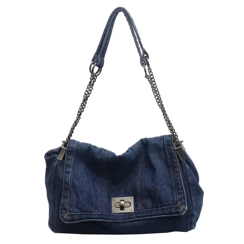 Solid Color Denim Canvas Shoulder Bag Multi Functional Fashionable Shoulder Bag Minimalist Casual Bag American Retro Handbag