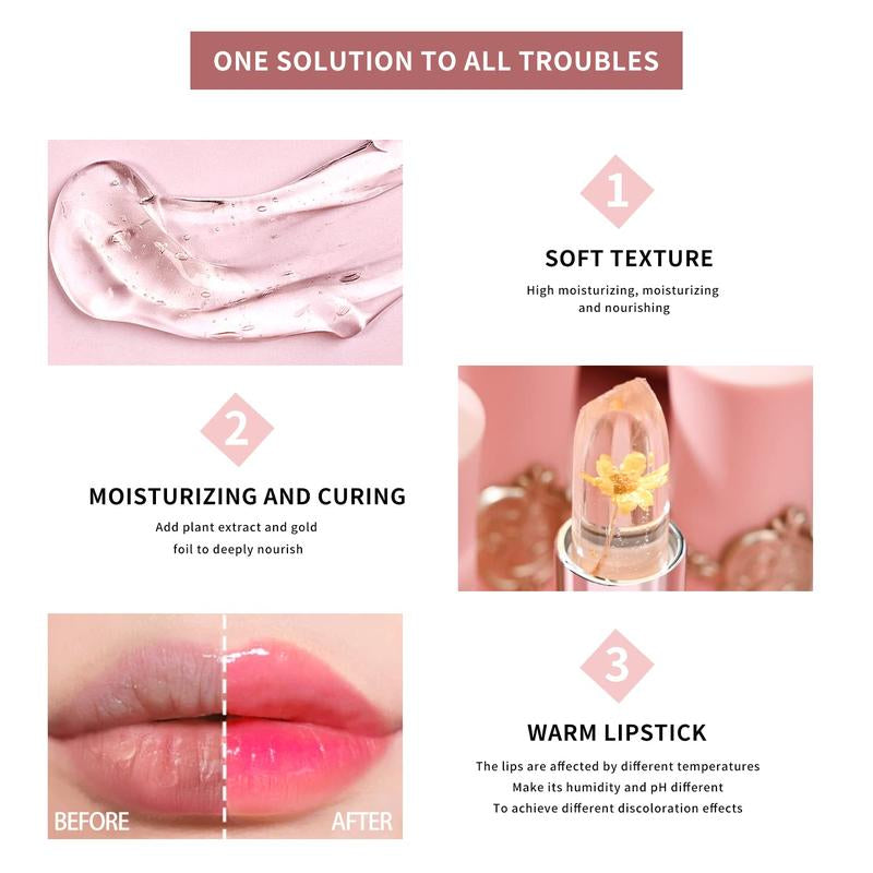 6-Pack Crystal Flower Jelly Lipstick – Long-Lasting Moisturizing Lip Balm, Magic Temperature-Activated Color Change Lip Gloss Makeup Moisturizer
