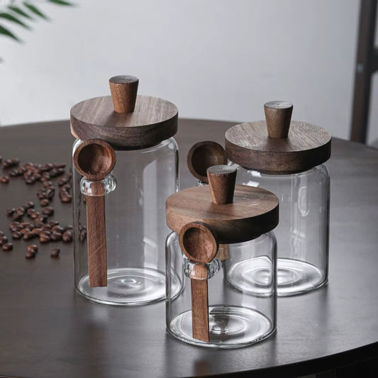 Glass Sealed Jar Five Grains Coffee and Tea Storage Can with Wooden Spoon Seasoning Bottle Kitchen Moisture-Proof Storage Tank