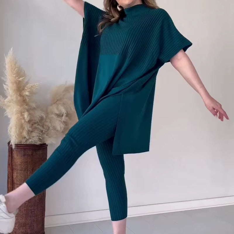 Women Two Piece Pant Sets Knitted Batwing Sweaters Short Sleeve Split Tops Loose Fit Casual Elastic Waist Pants Winter 2024