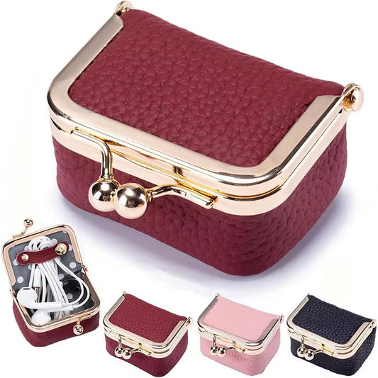 Women'S Solid Color PU Leather Jewelry Box, Ring, Necklace, Earring Storage Mini Coin Wallet Small Bag Kiss Lock