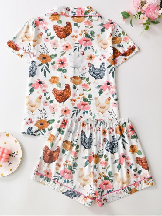 Women'S Chicken & Floral Print Button Top & Shorts Pajama Two-Piece Set, Casual Comfy Short Sleeve Top & Shorts Pj Set, Ladies Sleepwear for All Seasons, Sleep Sets