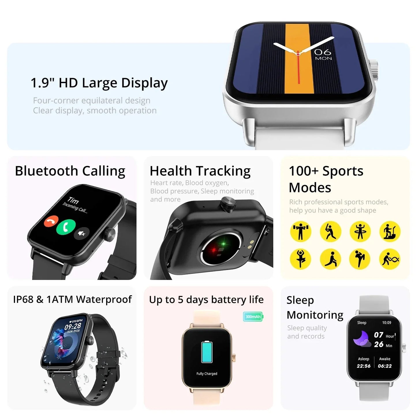 Smart Watch 1.9" Screen | Heart Rate & Health Monitor | Bluetooth