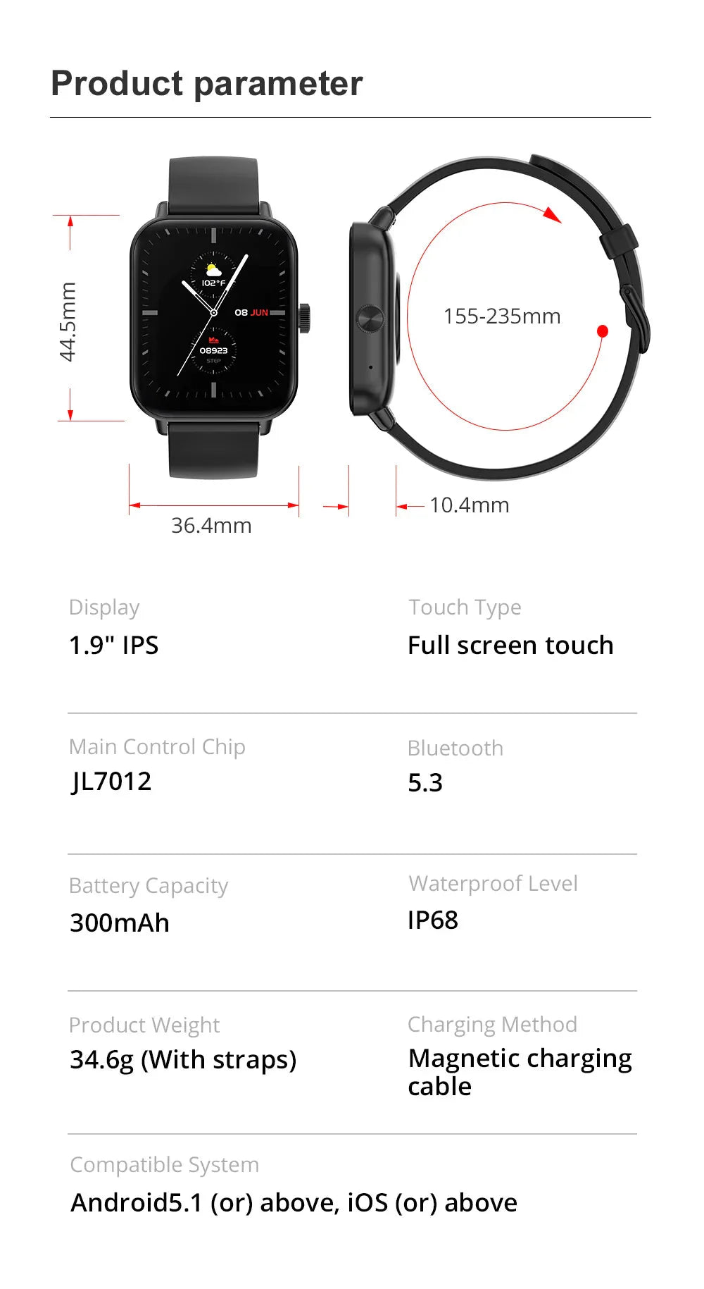 Smart Watch 1.9" Screen | Heart Rate & Health Monitor | Bluetooth