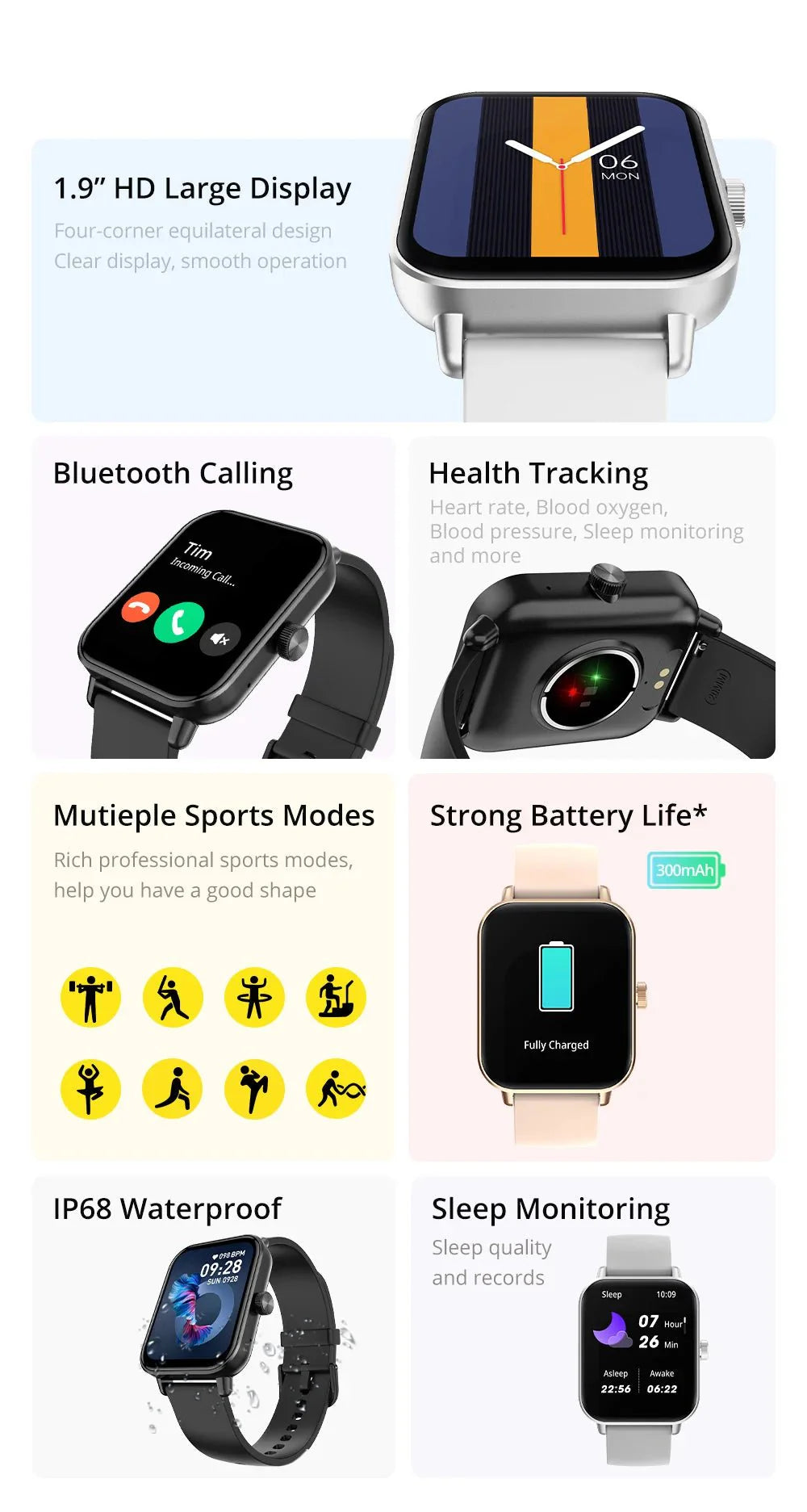 Smart Watch 1.9" Screen | Heart Rate & Health Monitor | Bluetooth