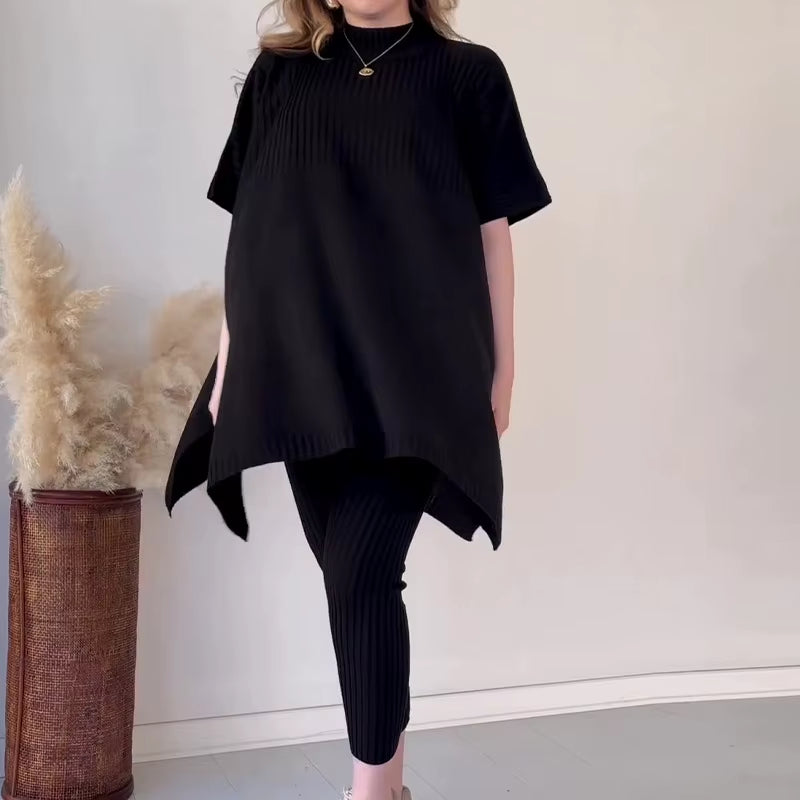 Women Two Piece Pant Sets Knitted Batwing Sweaters Short Sleeve Split Tops Loose Fit Casual Elastic Waist Pants Winter 2024