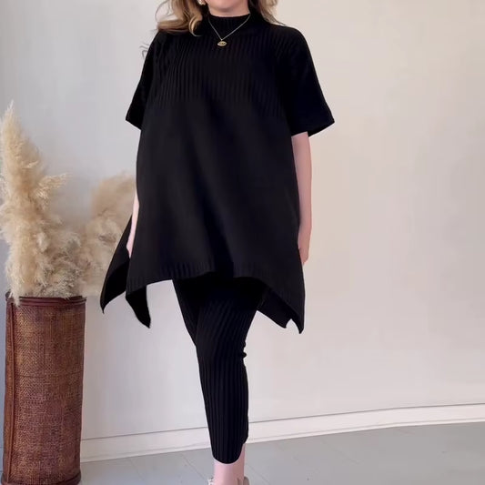 Women Two Piece Pant Sets Knitted Batwing Sweaters Short Sleeve Split Tops Loose Fit Casual Elastic Waist Pants Winter 2024
