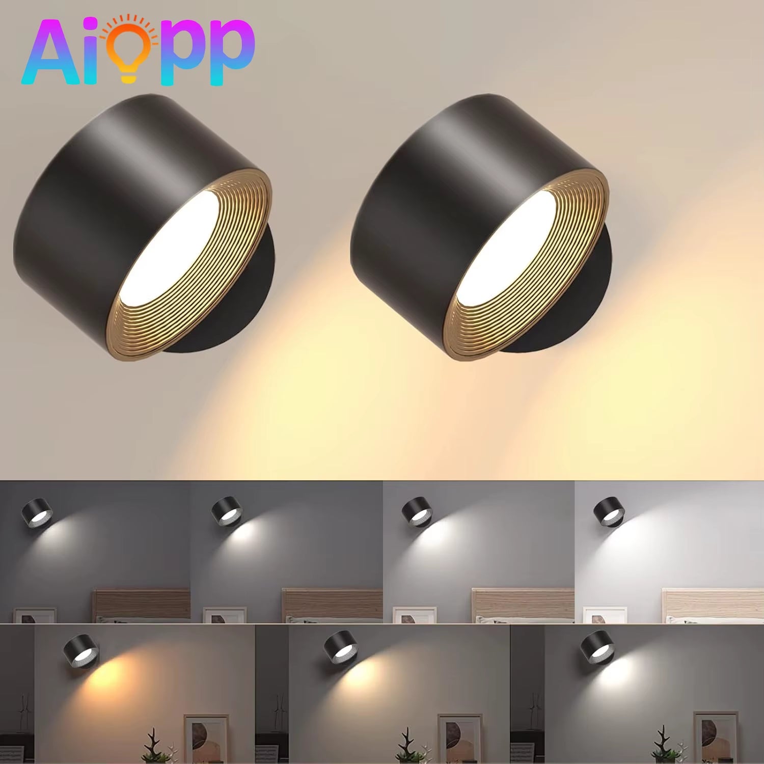 LED Wall Light Indoor Pack of 2, Wall Lamp Wall Lights 2000Mah Battery, 4 Brightness Levels,, Bedside Lamp