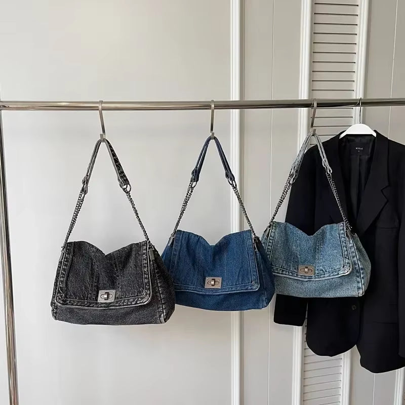 Solid Color Denim Canvas Shoulder Bag Multi Functional Fashionable Shoulder Bag Minimalist Casual Bag American Retro Handbag