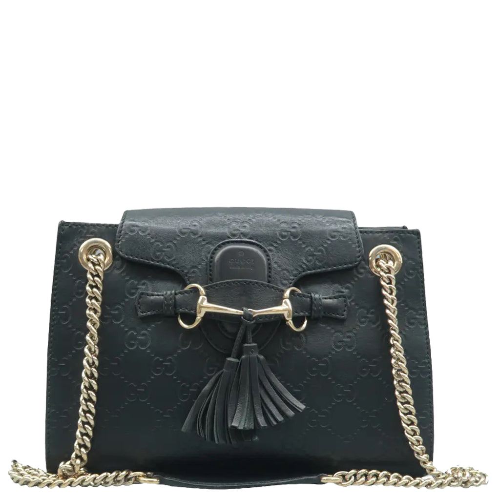 Gucci Emily Medium GG Guccissima Patent Leather Chain Shoulder Bag Black CH Overseas International Flagship Store