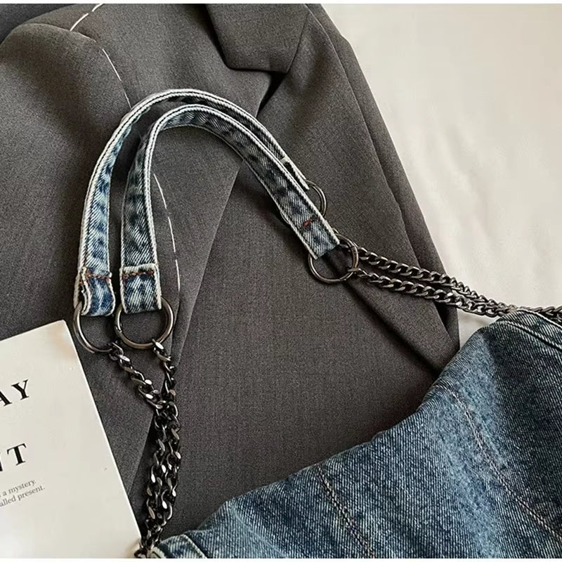 Solid Color Denim Canvas Shoulder Bag Multi Functional Fashionable Shoulder Bag Minimalist Casual Bag American Retro Handbag