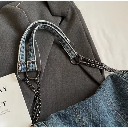 Solid Color Denim Canvas Shoulder Bag Multi Functional Fashionable Shoulder Bag Minimalist Casual Bag American Retro Handbag
