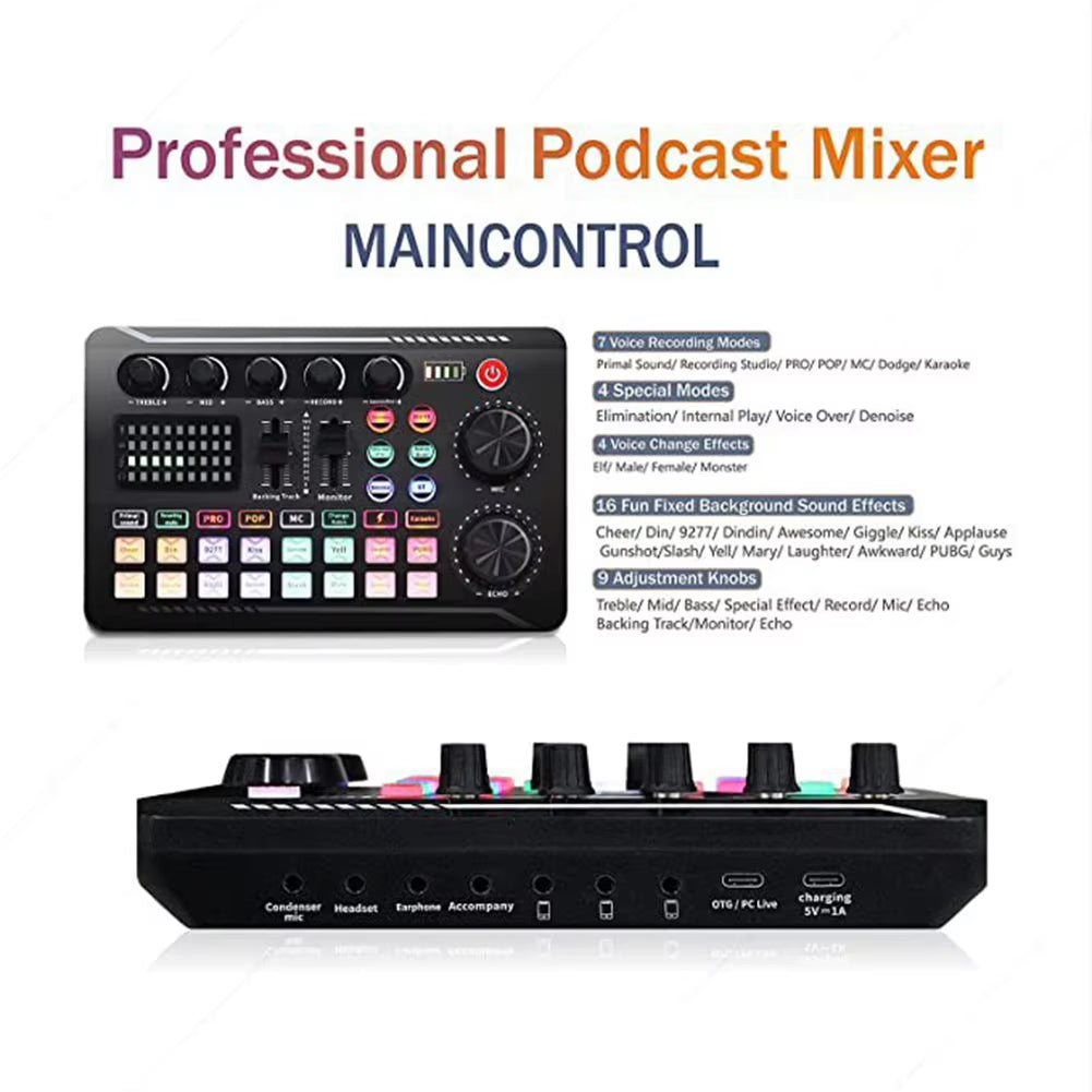 F998 Multifunctional Tuning Sound Card Microphone Mixer Kit Audio Recording Mixer Audio Mixing Console Amplifier for Phone PC