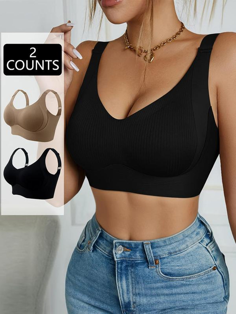Women'S Solid Color Seamless Wireless Bra, High Stretch Breathable Comfortable Adjustable Strap Triple-Breasted Bra, Softness Lingerie Top for Daily Wear, Elegant, Underwear for Women