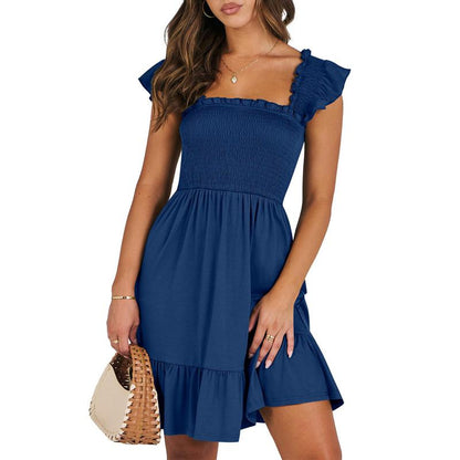 ANRABESS Womens Summer Casual Sleeveless Square Neck Smocked Ruffle Backless Boho Mini Dress 2025 Sundress Beach Vacation Outfits