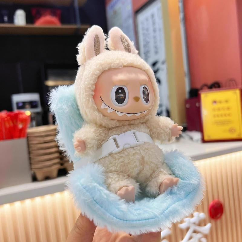 Labubu Car Seat for Dolls with Soft Furry Cushion, Air Vent Clip and Desktop Stand, Cute and Functional Car Ornament for Labubu Fans and Doll Collectors
