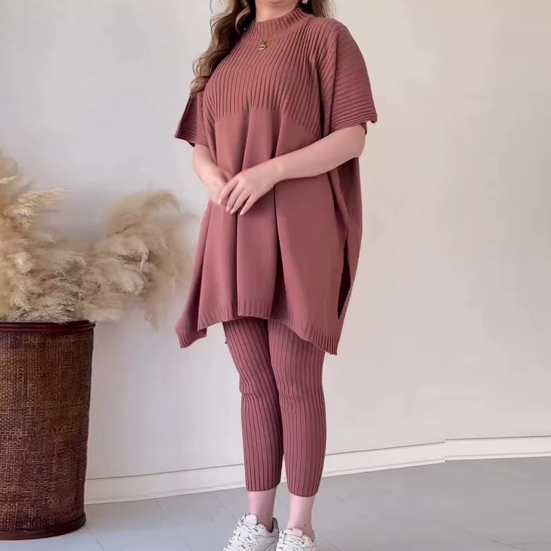 Women Two Piece Pant Sets Knitted Batwing Sweaters Short Sleeve Split Tops Loose Fit Casual Elastic Waist Pants Winter 2024