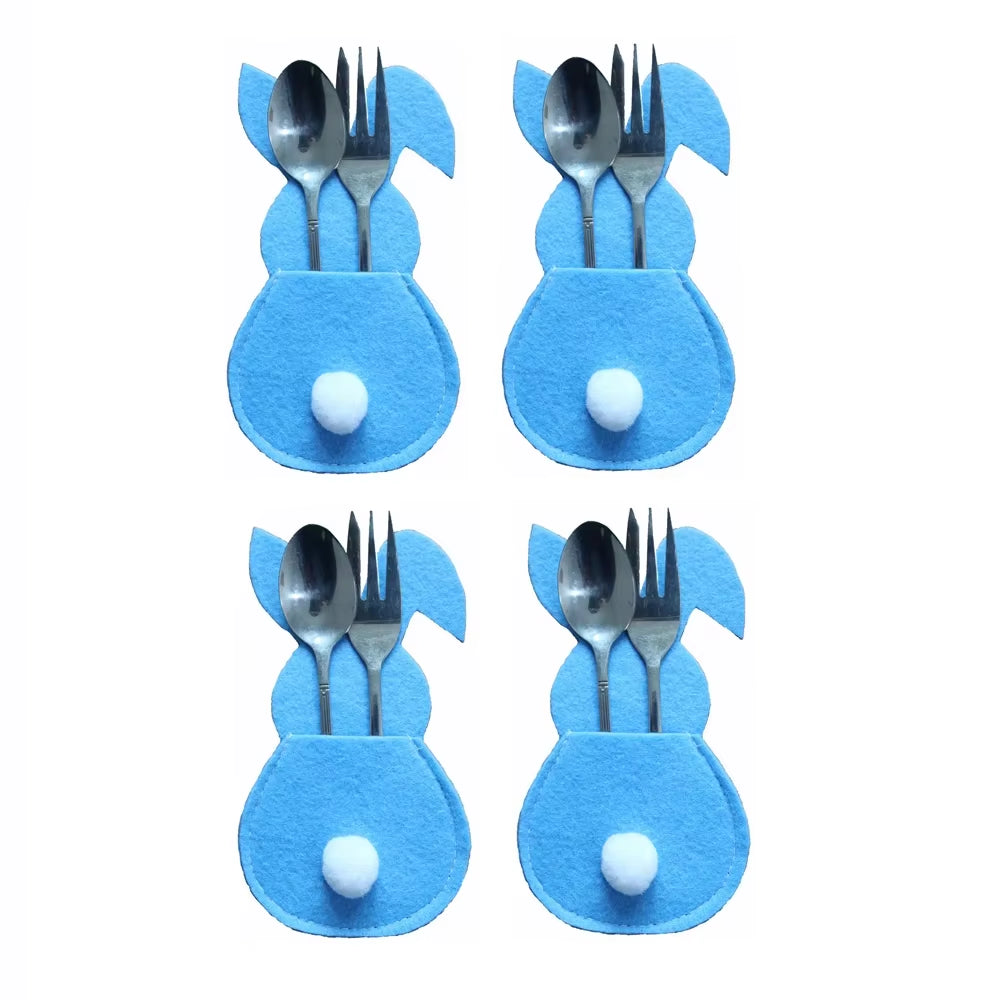 4Pcs Easter Rabbit Knife and Fork Bag with Tail Rabbit Cutlery Holder Bag Happy Easter Day Party Supplies 2023 Cutlery Cover