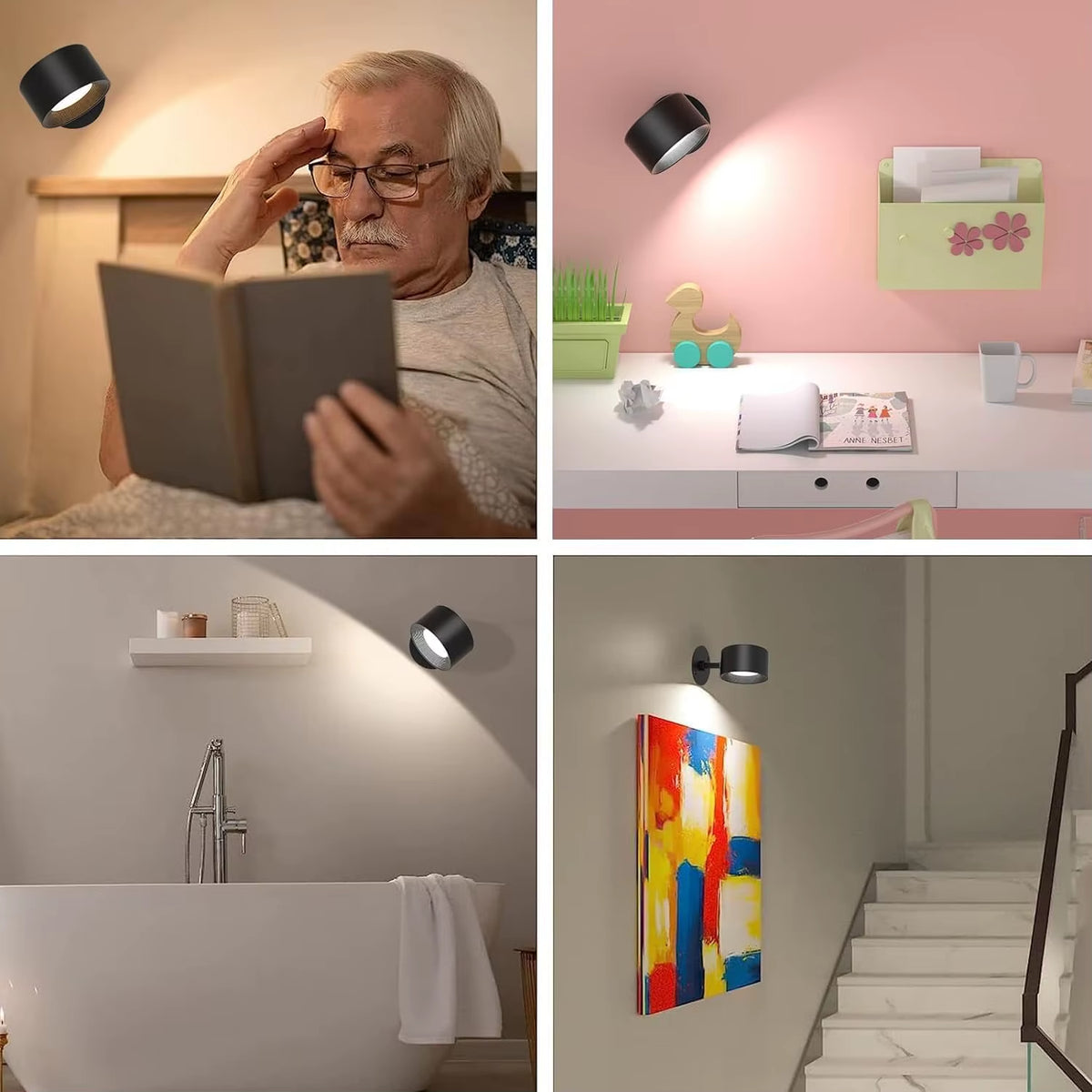 LED Wall Light Indoor Pack of 2, Wall Lamp Wall Lights 2000Mah Battery, 4 Brightness Levels,, Bedside Lamp