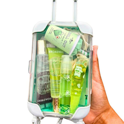 Mini Suitcase Lipgloss Bundle - Comes with 5 Random Lipglosses & a Scrunchie, Lip Care Kit with Lip Balm, Lip Gloss, and Lipstick - Cosmetic, Makeup Lip Oil - Gift, Glossy Everyday Pink