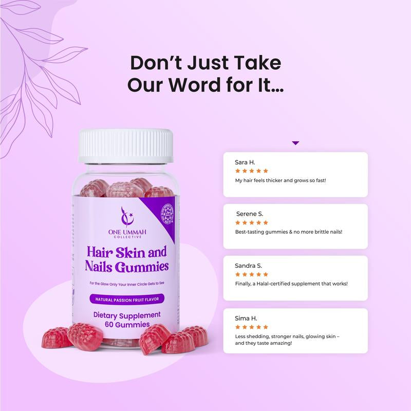 Halal Certified Hair, Skin, & Nails Gummies - Packed with Biotin, Collagen, Folate, & Essential Beauty Vitamins for Strong Hair, Glowing Skin & Healthy Nails - Easy Digestion & High Absorption - 60 Ct