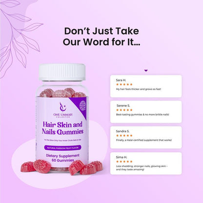 Halal Certified Hair, Skin, & Nails Gummies - Packed with Biotin, Collagen, Folate, & Essential Beauty Vitamins for Strong Hair, Glowing Skin & Healthy Nails - Easy Digestion & High Absorption - 60 Ct