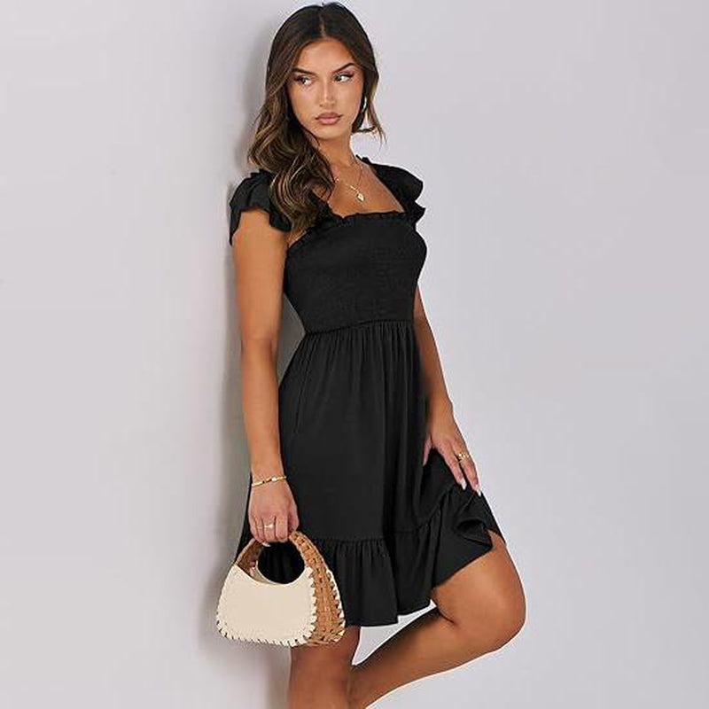 ANRABESS Womens Summer Casual Sleeveless Square Neck Smocked Ruffle Backless Boho Mini Dress 2025 Sundress Beach Vacation Outfits