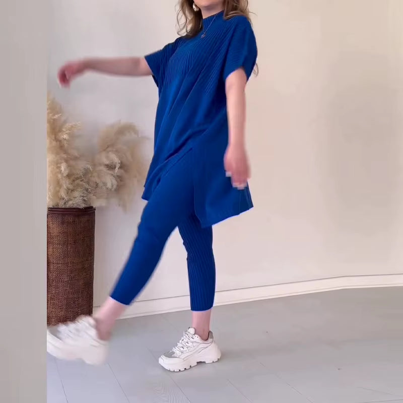 Women Two Piece Pant Sets Knitted Batwing Sweaters Short Sleeve Split Tops Loose Fit Casual Elastic Waist Pants Winter 2024