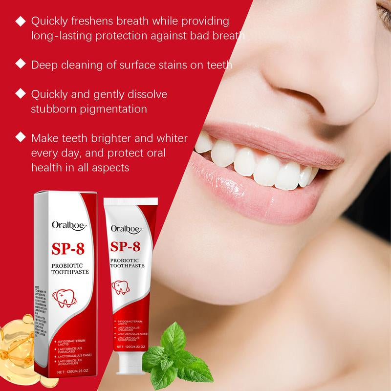 Sp-8 Probiotic Brightening White Toothpaste for Deep Cleaning and Care of Teeth,Oral Care,Whitening,Stain Removal,Brightening White Mint Toothpaste