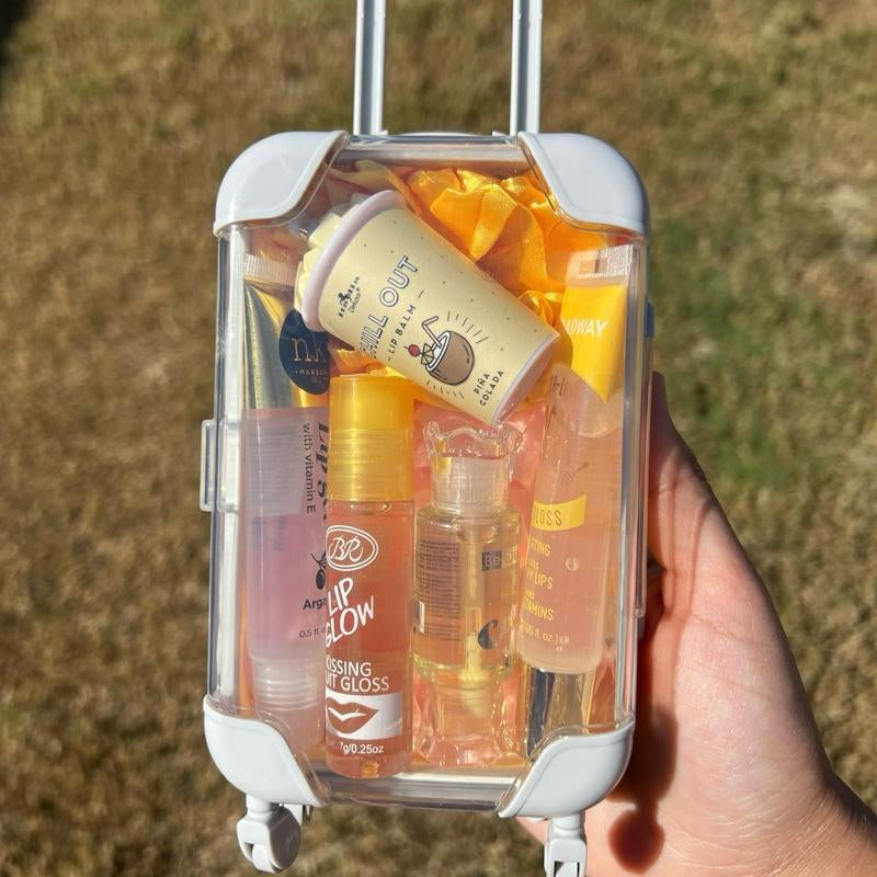 Mini Suitcase Lipgloss Bundle - Comes with 5 Random Lipglosses & a Scrunchie, Lip Care Kit with Lip Balm, Lip Gloss, and Lipstick - Cosmetic, Makeup Lip Oil - Gift, Glossy Everyday Pink