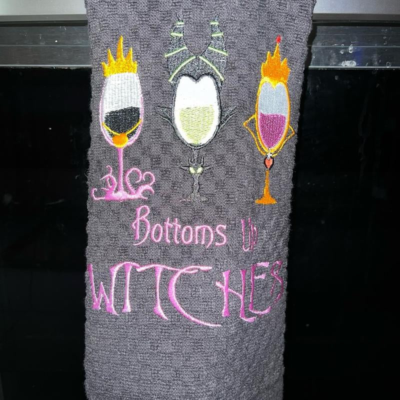 Black Kitchen Towel - Halloween Themed - Machine Embroidery - 'Bottoms up Witches'