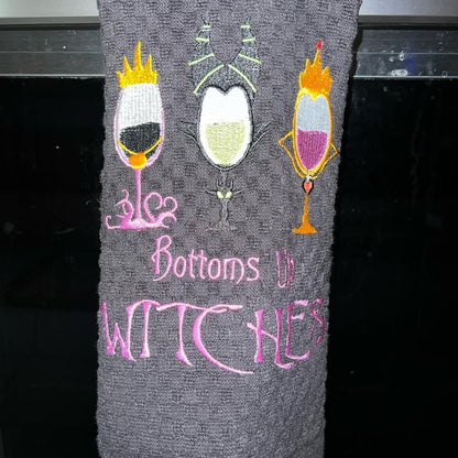 Black Kitchen Towel - Halloween Themed - Machine Embroidery - 'Bottoms up Witches'
