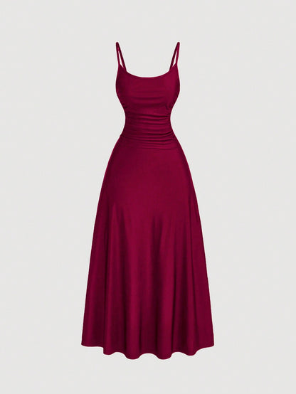 SHEIN MOD Women's Solid Color Ruched Waist Flared Hem Spaghetti Strap Dress,Semi Formal Dress,Elegant Tea Party Dress,Flowy Cruise Women Outfits Lavish Lady Store